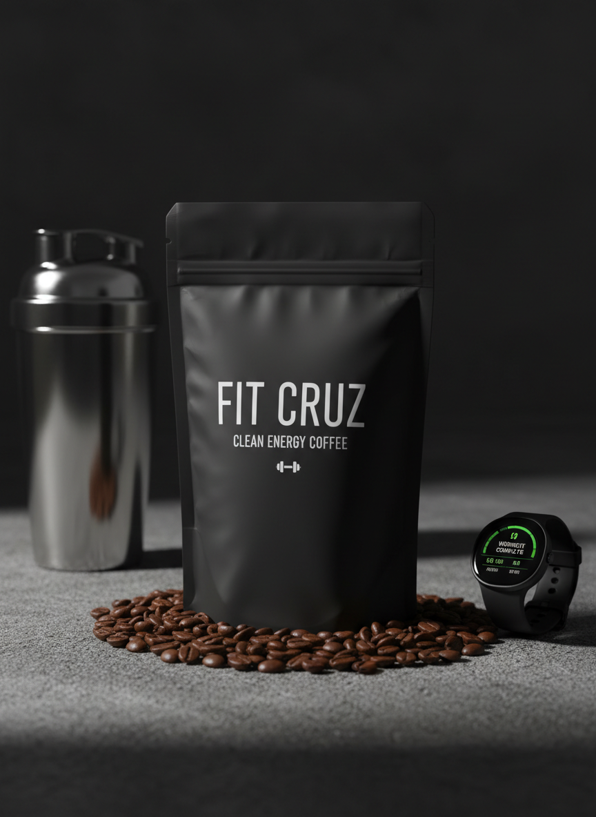 A premium matte pouch of “Fit Cruz Clean Energy Coffee” standing upright on a dark, textured concrete surface, the packaging design featuring minimalist typography and a small dumbbell icon. The pouch is surrounded by a precise half-circle of scattered coffee beans, a polished stainless steel shaker bottle, and a smartwatch displaying a completed workout summary, all slightly softened in the background. Dramatic side lighting from the right creates bold contrast, accentuating the pouch’s crisp edges and the texture of the concrete. Captured from a low, product-focused angle in photographic realism, with shallow depth of field that keeps the brand name perfectly legible. The atmosphere is powerful, disciplined, and ultra-professional, ideal for a landing-page product highlight.