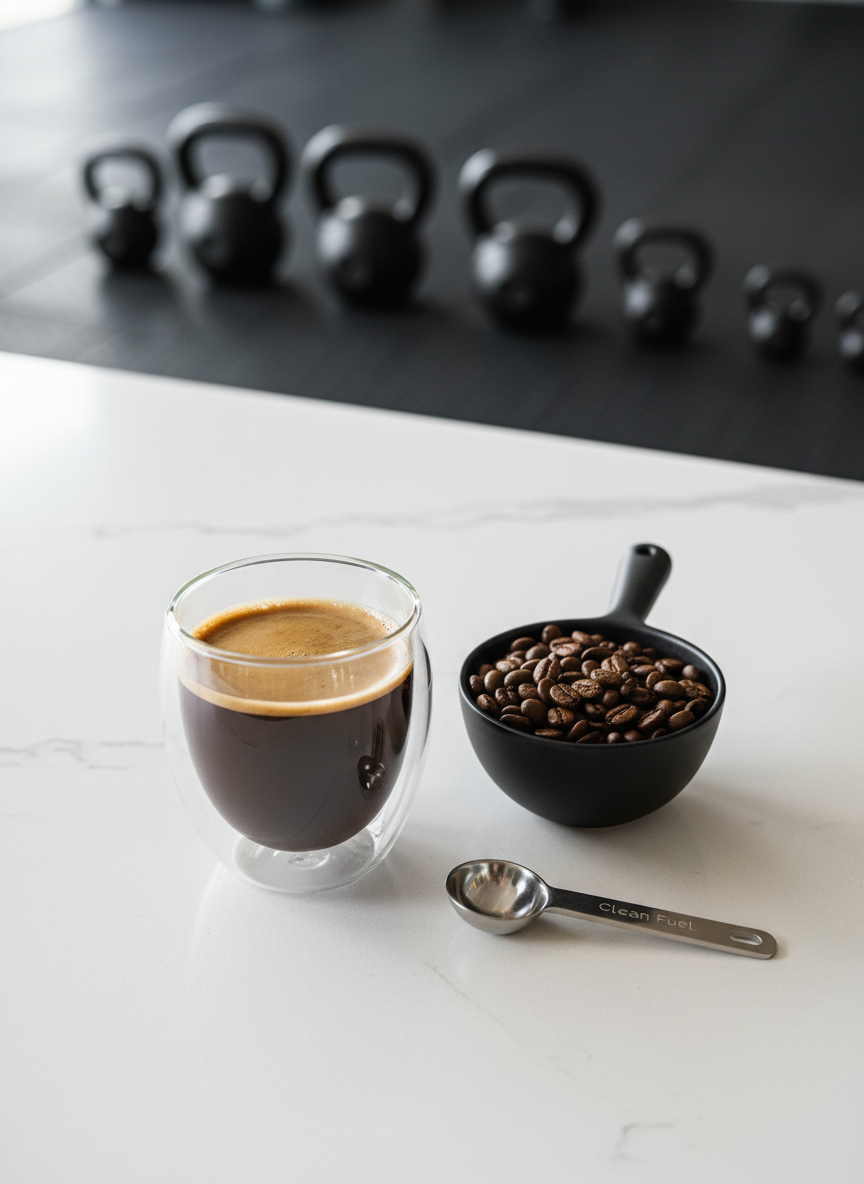 A close-up of a transparent double-walled glass mug showcasing smooth, dark coffee with a golden crema layer, resting on a sleek white quartz countertop. Next to it lies a minimalist black scoop overflowing with glossy medium-roast beans and a small stainless steel measuring spoon labeled “Clean Fuel.” In the softly blurred background, a set of neatly arranged black kettlebells rests on a rubber gym floor. Cool, diffused daylight comes from the left, creating subtle reflections on the glass and beans. Shot from a slightly elevated angle with a refined, photographic realism style, the composition follows the rule of thirds, conveying a clean, professional, and performance-focused atmosphere.