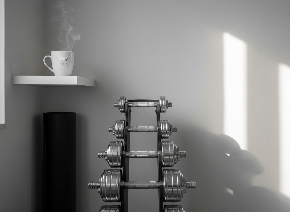 An ultra-clean, photographic realism interior of a minimalist home gym corner featuring a compact rack of neatly aligned dumbbells, a rolled black yoga mat, and a small floating white shelf. On the shelf sits a single, elegantly designed white ceramic mug embossed with a subtle embossed “Fit Cruz” monogram, filled with dark coffee, steam rising in thin, graceful trails. Soft morning sunlight filters through off-frame windows, brushing the wall with gentle gradients and creating faint, long shadows. Captured at eye level with moderate depth of field to keep both mug and gym equipment discernible, the atmosphere feels calm, focused, and aspirational, illustrating a balanced lifestyle where premium fitness coffee complements a disciplined training space.