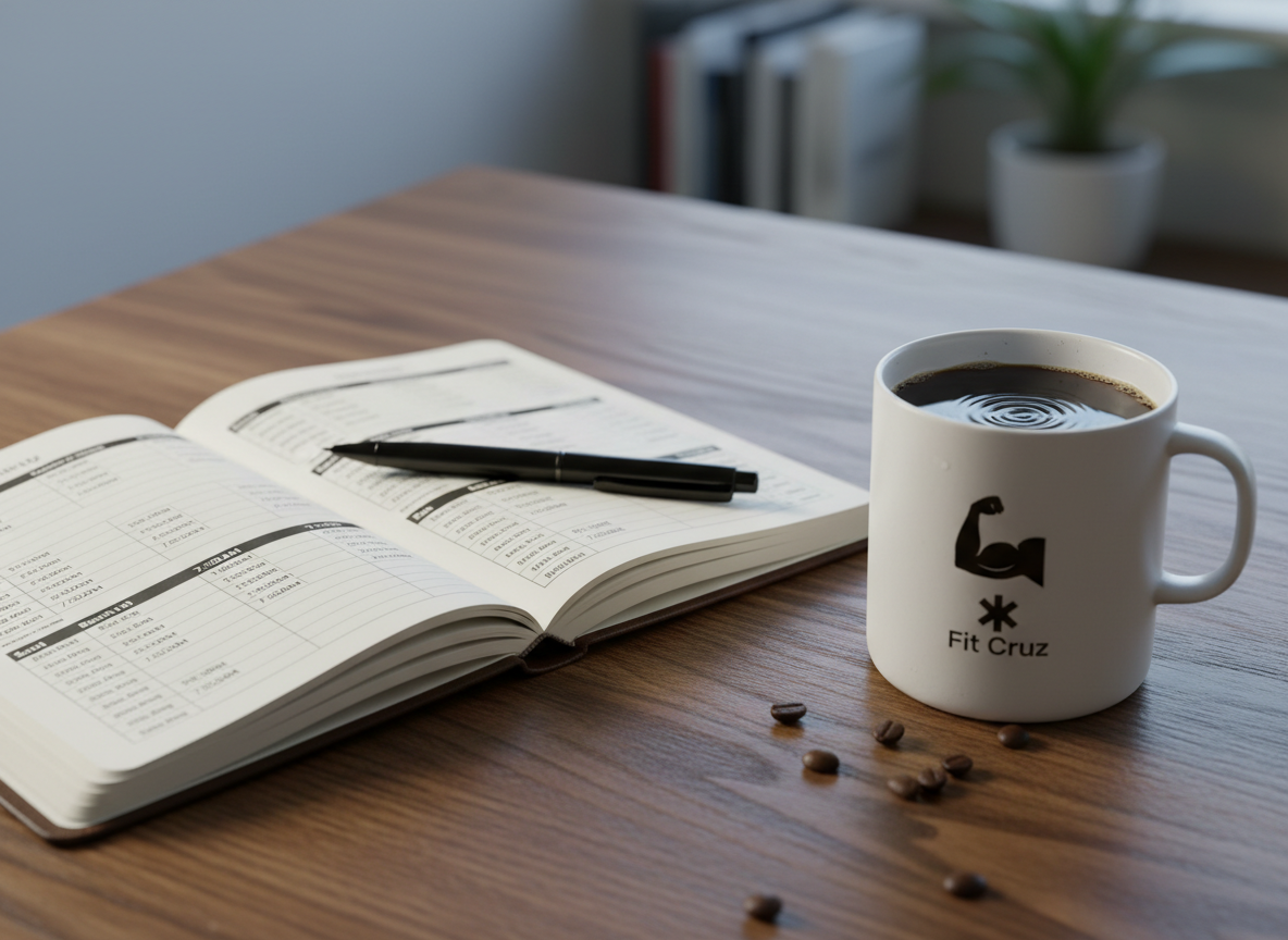 A close, detail-rich shot of a polished wooden table where an open training logbook lies flat, pages filled with neatly printed workout sets and times. A black metal pen rests across the spine, while to the right, a minimalist matte white insulated mug branded with a small, sharp “Fit Cruz” icon holds freshly brewed coffee, tiny ripples visible on the surface. A few roasted beans are scattered intentionally near the mug. Soft, cool daylight from the top left illuminates the paper texture and mug, leaving the background in gentle blur. Photographic realism with a shallow depth of field and rule-of-thirds composition, creating a professional yet intimate atmosphere that highlights coffee as a key component of planning and performance.