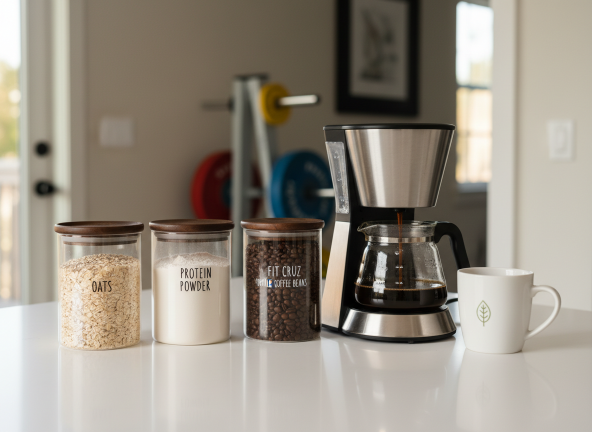 A carefully curated nutrition and performance station on a white, matte kitchen island: a lined-up trio of labeled glass canisters for oats, protein powder, and Fit Cruz whole coffee beans, each filled and visually distinct in texture and color. Beside them, a sleek, modern drip coffee maker in brushed steel brews into a clear carafe of deep brown coffee. In the far background, a rack of color-coded weight plates is subtly visible through an open doorway to a home gym. Warm, diffused afternoon light from a large unseen window bathes the scene, casting soft shadows and gentle reflections. Photographic realism, shot at eye level with a balanced composition that feels organized, professional, and health-conscious.
