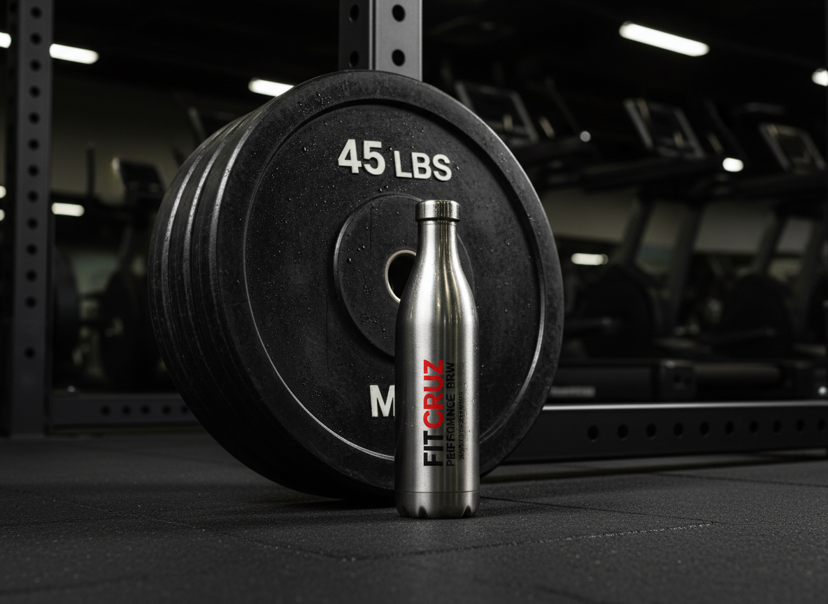 A high-contrast, photographic realism close-up of a textured black barbell plate leaning against a gym rack, with a sleek, narrow-necked stainless steel bottle labeled “Fit Cruz Performance Brew” standing in front. Condensation beads on the bottle surface glisten under focused overhead gym lighting, which casts a strong, directional highlight along the metal and creates dramatic shadows on the rubber floor. In the soft bokeh background, a row of cardio machines fades into darkness. Shot from a low angle to give the bottle a powerful presence, the mood is intense, bold, and performance-driven, embodying the fusion of serious training and clean, premium coffee energy.