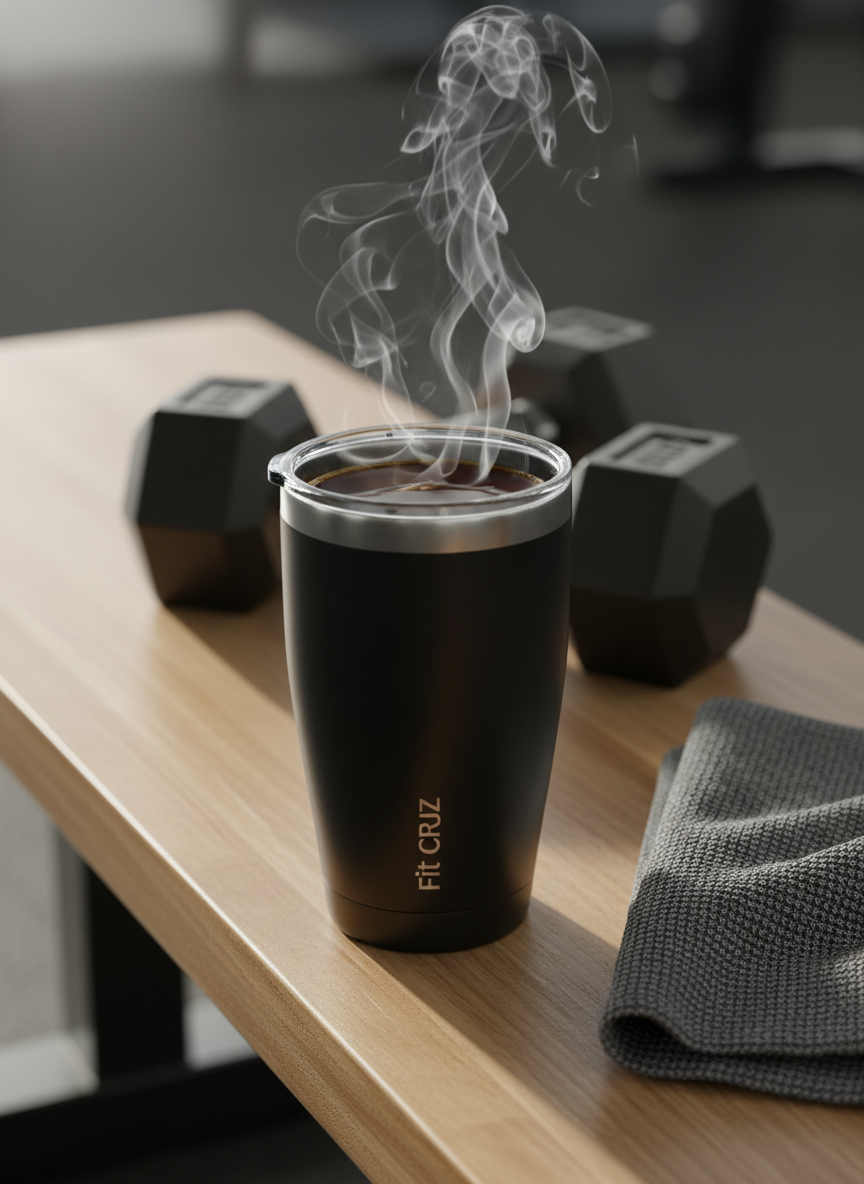 A matte black, double-walled stainless steel tumbler branded with a subtle silver “Fit Cruz” logo, filled with dark, rich coffee whose steam curls upward in delicate swirls. The tumbler sits on a clean, light oak gym bench beside a neatly folded grey microfiber towel and a pair of hex rubber dumbbells, softly blurred in the background. Early morning natural light streams through unseen high windows, casting crisp, motivating shadows and gentle highlights along the tumbler’s contours. Photographic realism with a clean, modern aesthetic, captured at eye level with a shallow depth of field to keep the tumbler in sharp focus. The mood is professional, energizing, and purpose-driven, perfect for a premium fitness coffee brand hero image.