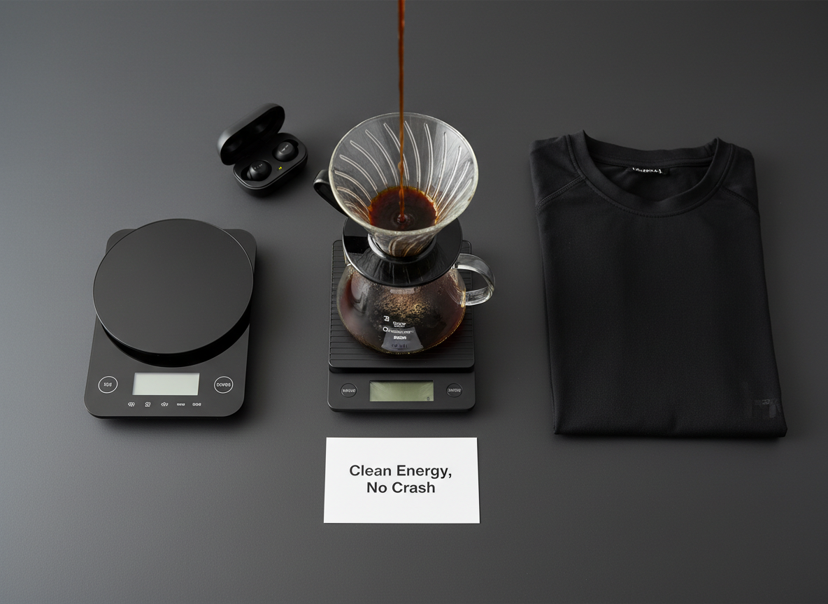 A meticulously arranged flat-lay of a fitness-focused morning routine on a smooth charcoal tabletop: a digital food scale, a neatly folded moisture-wicking black T-shirt, wireless earbuds in an open case, and at the center, a precision coffee scale holding a glass dripper funneling a steady stream of dark coffee into a clear carafe. A small card reading “Clean Energy, No Crash” rests near the dripper. Overhead, soft, even studio lighting minimizes shadows and creates a polished, professional appearance. Photographic realism with sharp focus across the scene, composed symmetrically for a calm yet driven atmosphere that communicates preparation, discipline, and the ritual of performance-enhancing coffee.