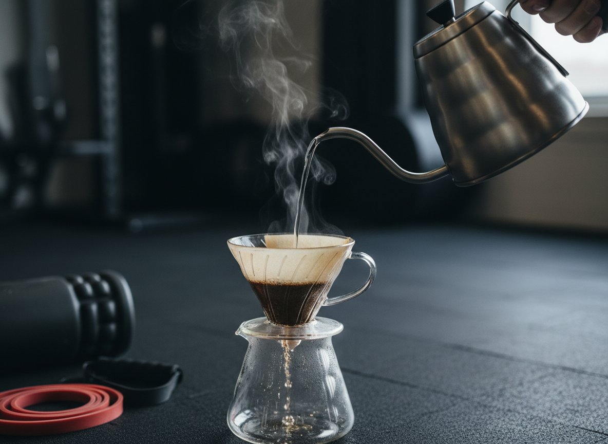 A dynamic action still-life of a stainless steel gooseneck kettle mid-pour, a thin stream of boiling water captured as it hits freshly ground coffee in a glass pour-over cone, sending up a light bloom of steam. The setup rests on a matte black rubber gym mat with a pair of resistance bands and a foam roller partially visible at the frame edges. Cool, directional window light from the right creates subtle highlights on the kettle and glass, while the background falls into a soft blur of dark gym equipment shapes. Photographic realism with a slightly elevated angle and shallow depth of field, creating a focused, almost cinematic moment that merges coffee craft and athletic preparation.